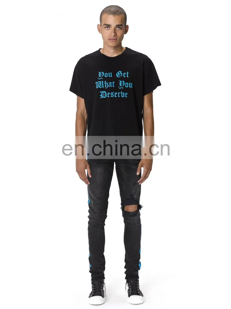 DiZNEW BROKEN TRACK BRANDED STRETCH BLACK JEANS MEN WITH BLUE SIDE