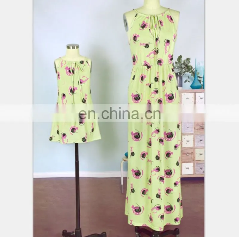 2019 cotton clothing green floral printed baby summer dresses mother daughter matching dresses