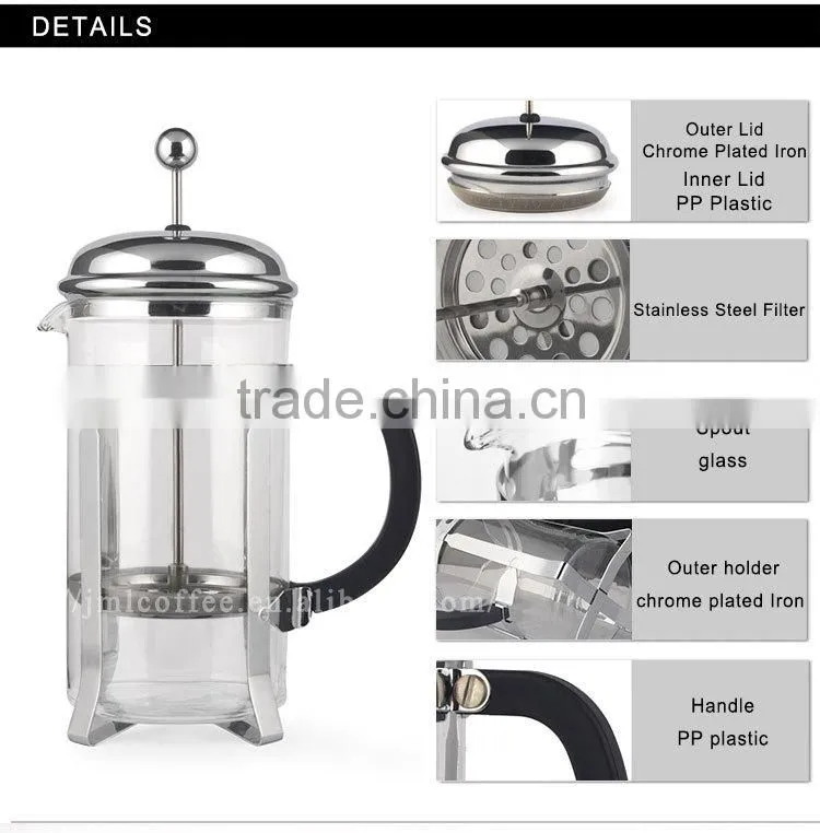stainless steel coffee press, chrome plated coffee plunger, coffee pot 800ml