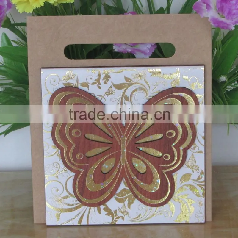 Gold blue bengali wooden butterfly wedding invitation card