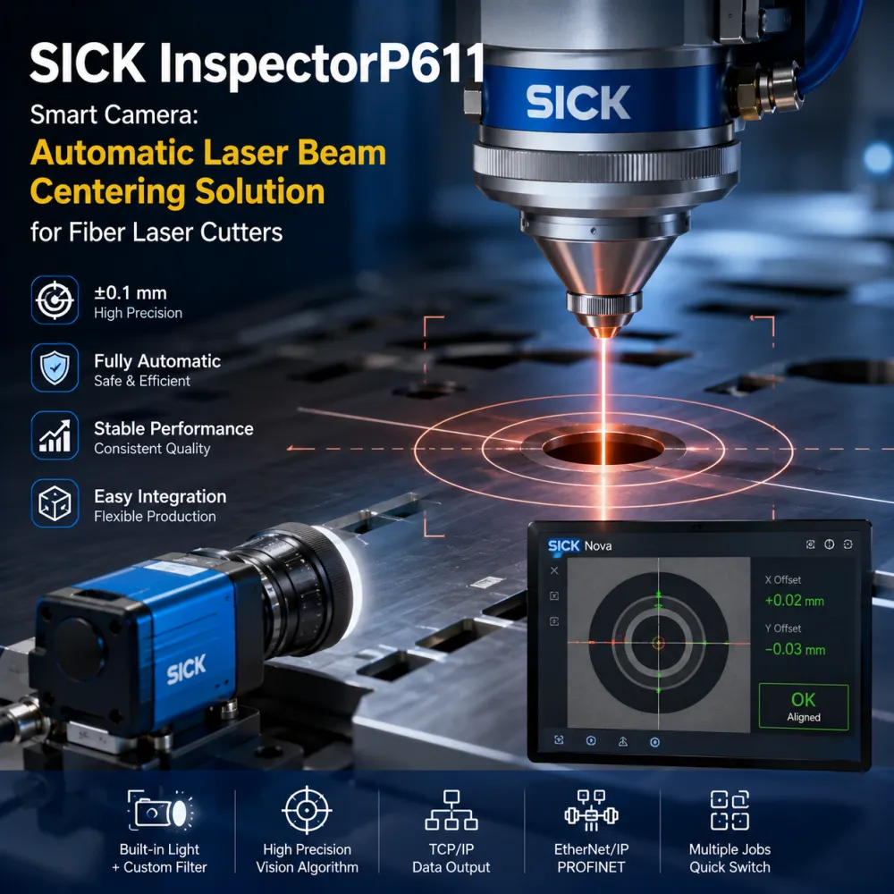 SICK InspectorP611 Smart Camera: Автоматическое решение для центрирования лазерного луча для волоконно-лазерных резчиков