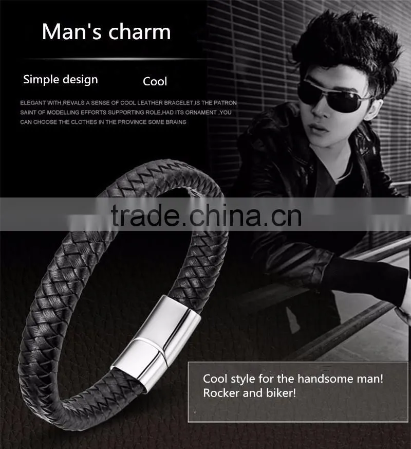 Customized logo clasps for leather bracelets bio magnetic bracelet genuine mens handmade braided leather bracelet