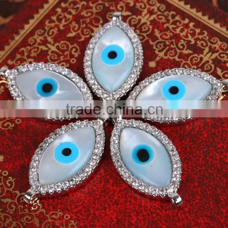 JF8608 Silver gold rose gold plated CZ micro pave MOP marquise charm connectors,Diamond pave MOP shell evil eye charms