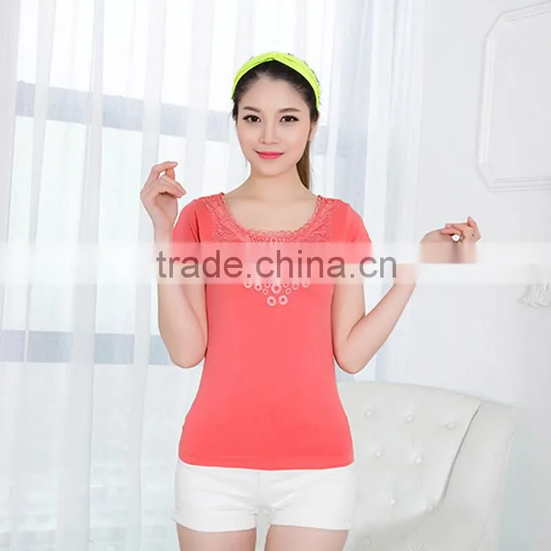 2015 Girls Seamless Fashion Short Sleeves with lace on front neck