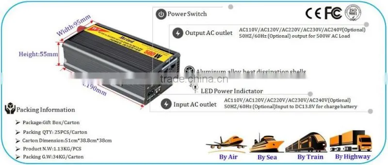 12V 24V 48V dc to ac 110V 220V off grid 500W modified sine wave power inverter charger 500w