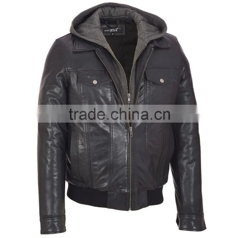 2014 men's shiny winter hooded fake leather jacket with ac coating , Men Leather Winter Jacket
