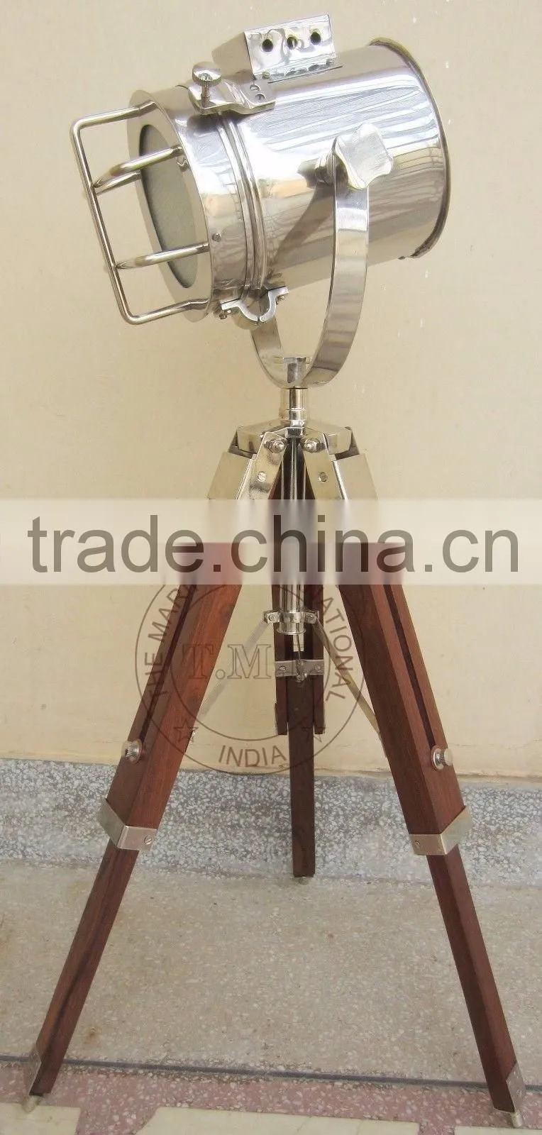 SPOTLIGHT WITH WOODEN TRIPOD STAND - SEARCHLIGHT WITH WOODEN STAND - NAUTICAL SPOTLIGHT