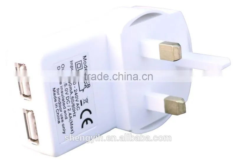 Dual port 5V/2.4A 2 USB Port Travel Charger for UK type OEM ODM CE Rohs