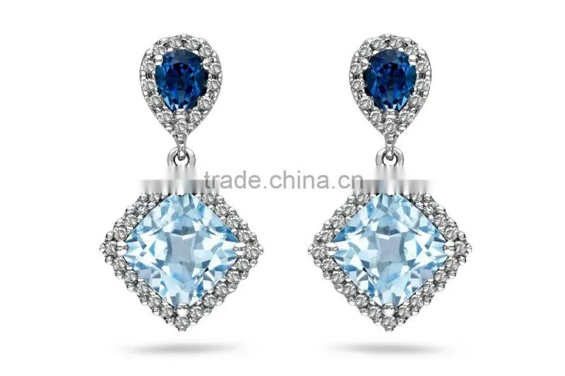 925 Silver Blue Topaz Color CZ Princess Set Eternity Band Ring