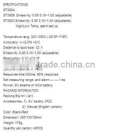 Emissivity0.10~1.00(adjustable),Alarm& Laser Aiming Infarared thermometer ST380C