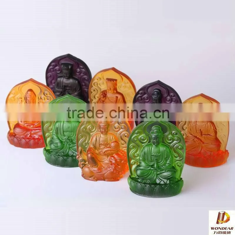 liuli / colored small size casting glass chinese buddha Guardian god for home display