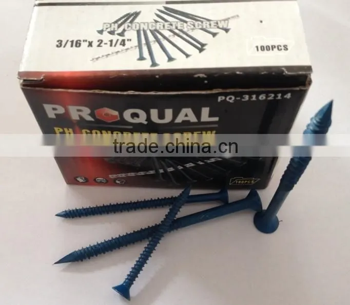 Flat head concrete screw with high-low thread blue ruspert plated