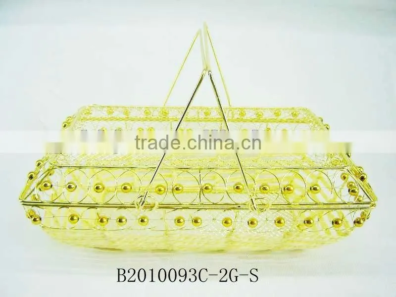 Golden metal wire and paper rope rectangle fruit storage basketry