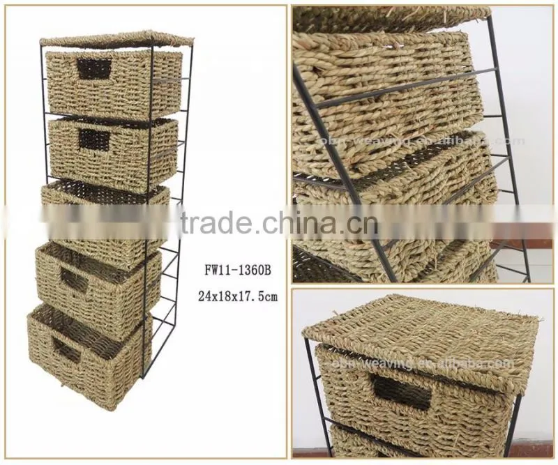Slimline seagrass 5 drawer storage unit for living room or bathroom