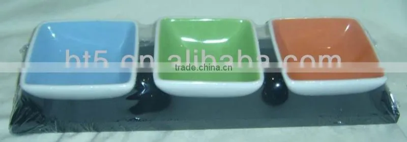 3pcs colorful ceramic tapas plate dish with wooden base