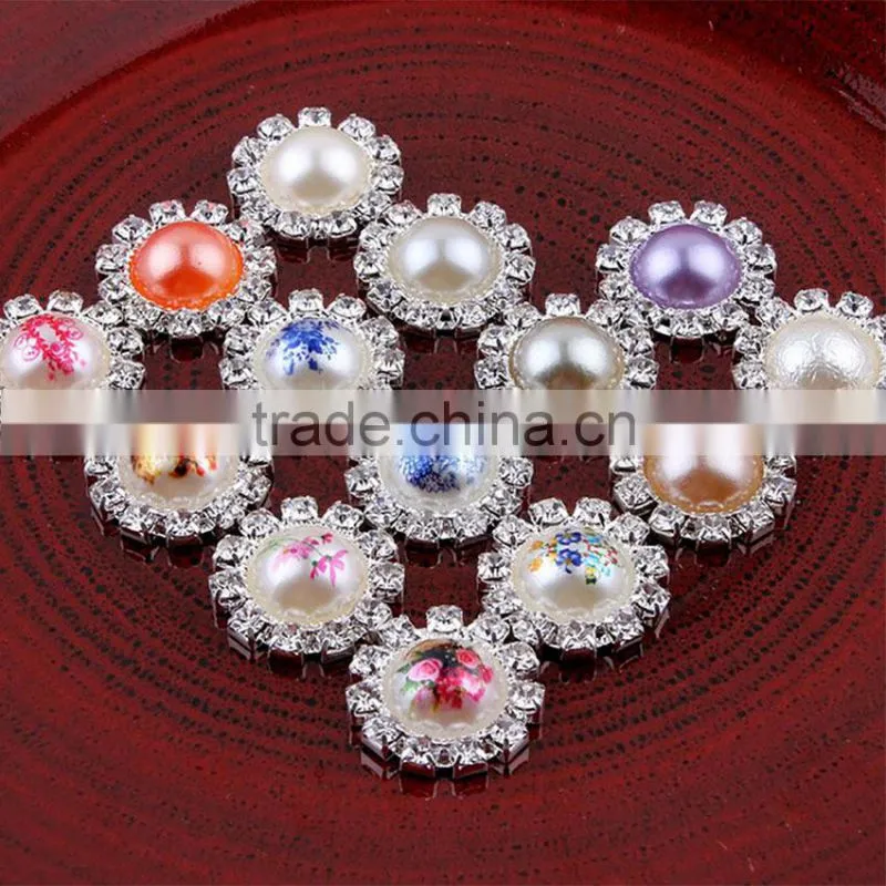 2016 Top fashion flower printed rhinestone around pearl button