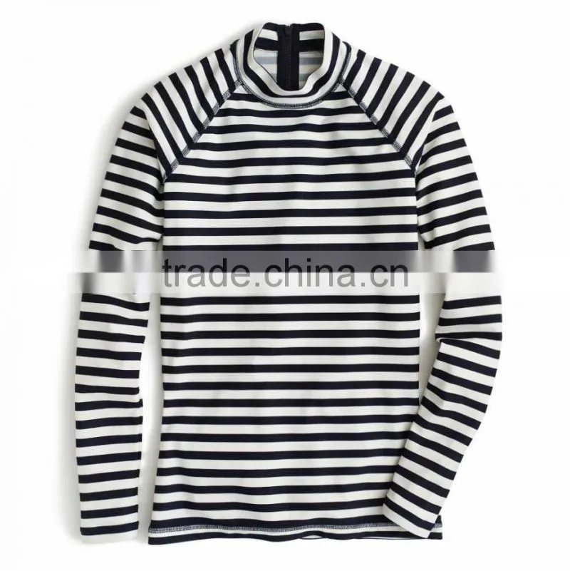 Polyamide Nylon Elastane Spandex Comfortable Long Sleeve Custom Printed Classic Navy Blue White Stripe Beach Surfing Rash Guard
