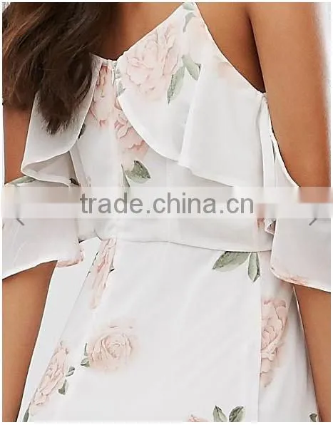 Guangzhou Wholesale Clothing OEM Cold Shoulder Rose Floral Fresh Dresses