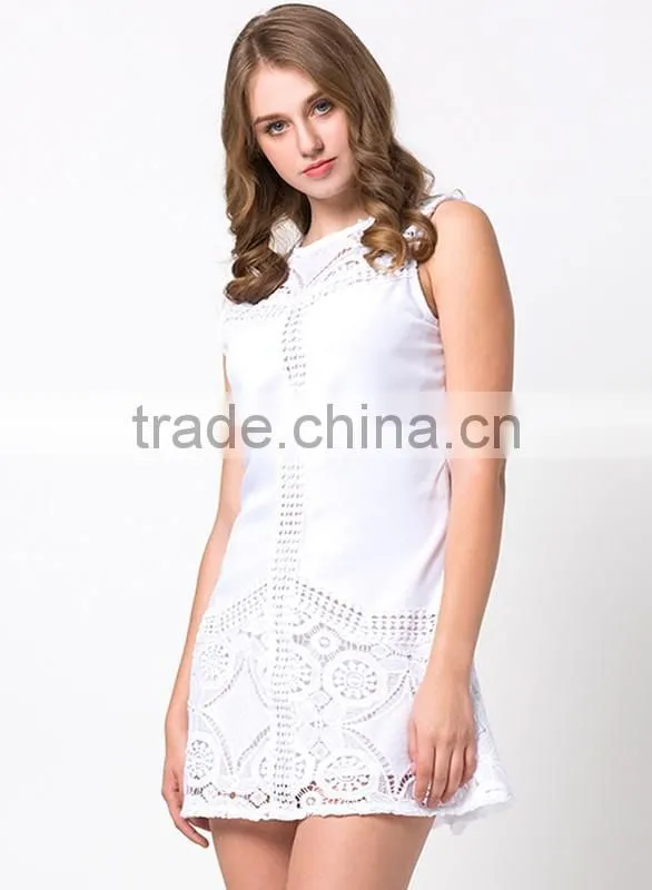 Fashion sleeveless short white summer women lace dress