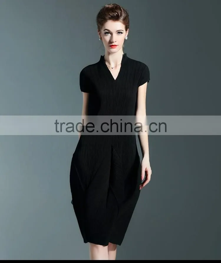 Solid colors women draped V neck lantern dresses with short sleeve