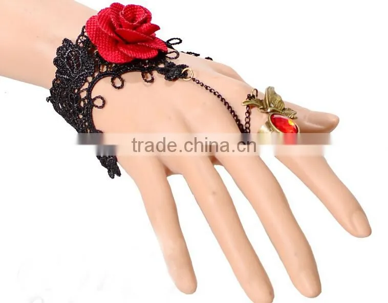 Beautiful rose charm jewelry sets lace flower bracelet wrap with diamond ring
