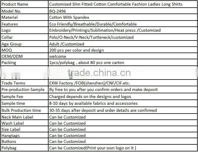 Customized Slim Fitted Cotton Comfortable Fashion Ladies Long Shirts