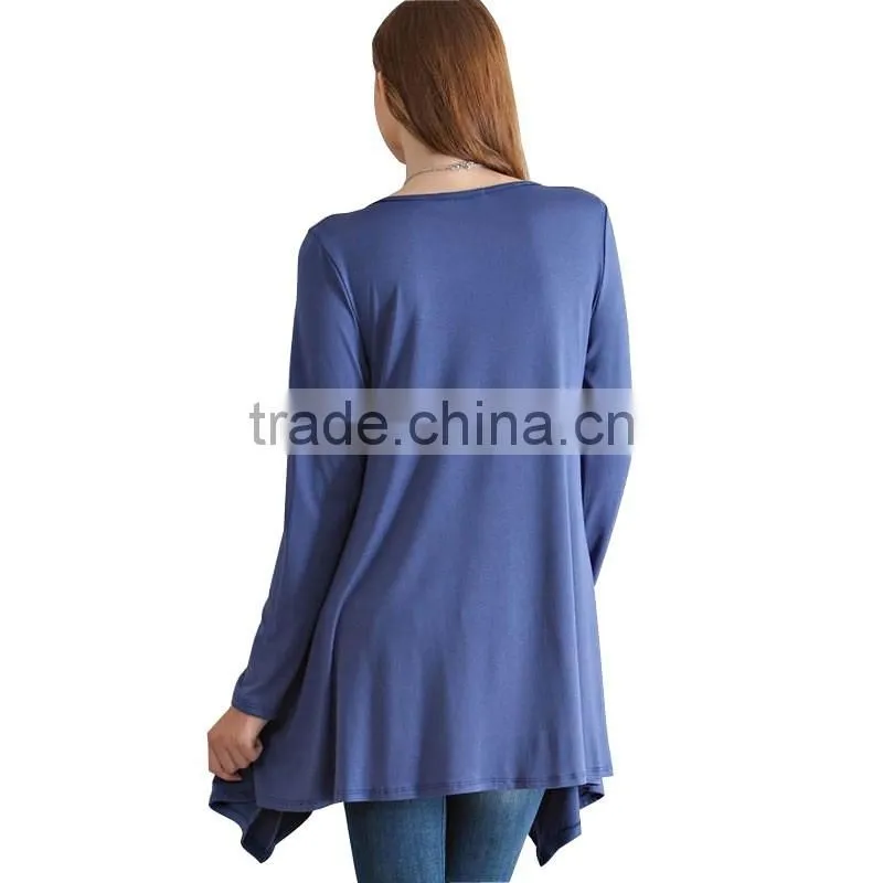 Newest design fashion long sleeve pure color round neck loose blouse for wholesale 2017
