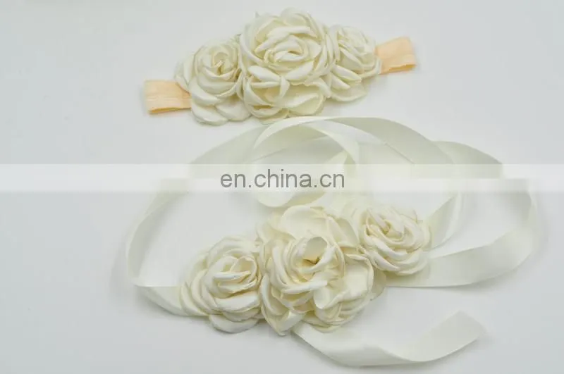 Natural Blossom Bridal Sash Matching Headband Set With Cream Beige Floral Hair Piece Photo Prop