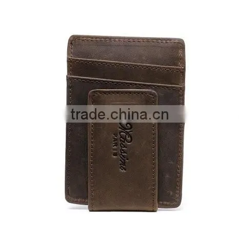 Fashion Custom Brown Genuine Crazy Horse Leather Money Clip Wallet with Magnet