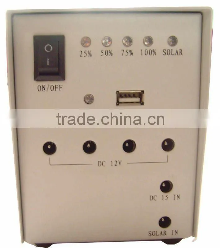 portable solar system 5W, 2 LED lights,1*5V USB, 4*12V output