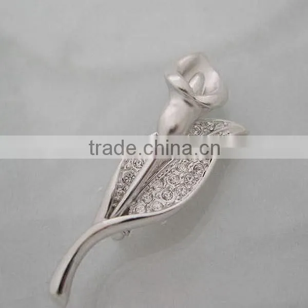 Fashion shinny sterling silver &CZ stones leaf brooch wholesale costume brooch