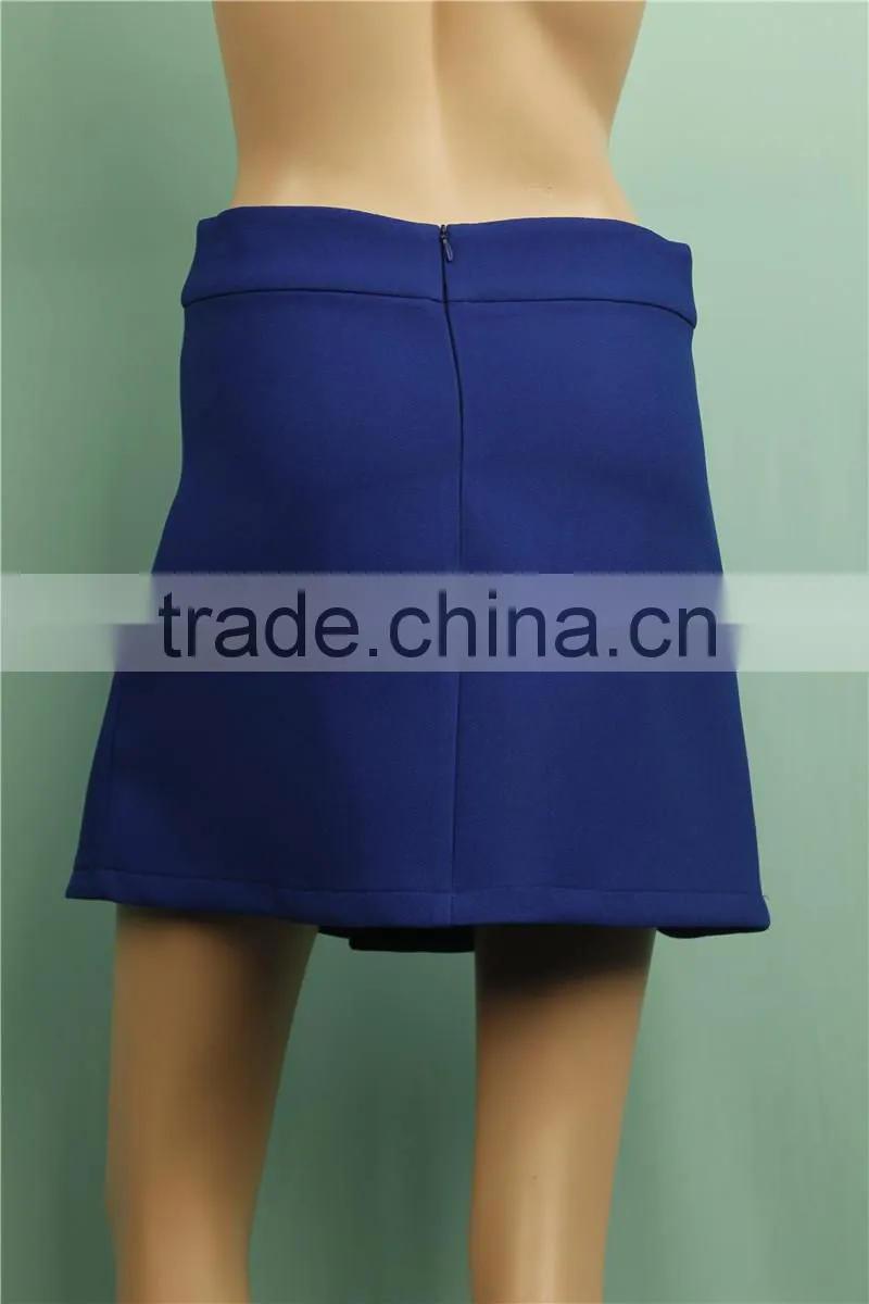 2016 A/W pleated covered button short woven fabric lady skirts