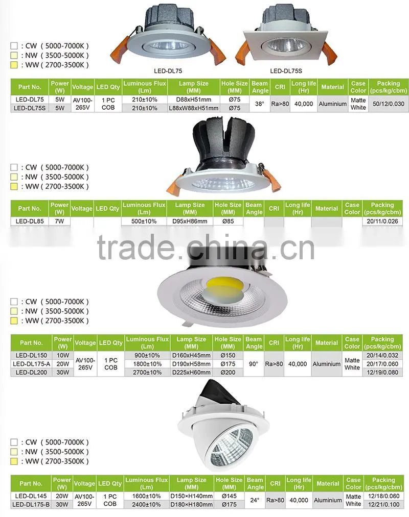 8 Inch 2700LM 30W Recessed COB LED Downlight With 200mm Hole Size
