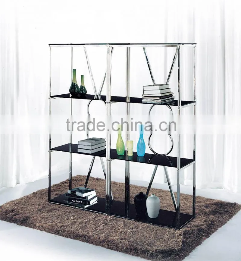 modern shelf glass showcase wit stinless steel frame office shelf PT-L004