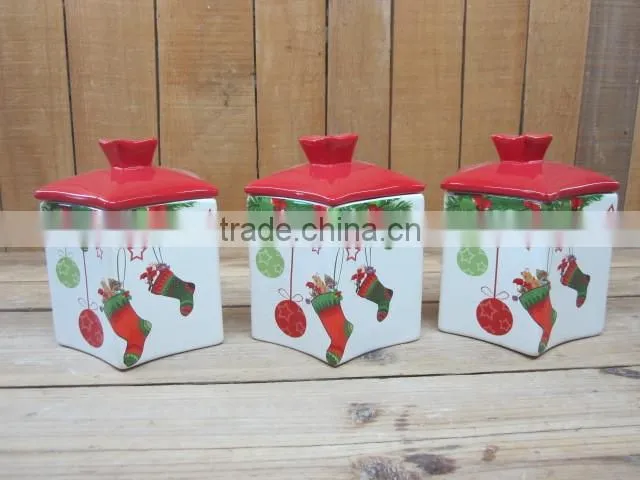 new christmas 6pcs ceramic spices canisters set with wood stand