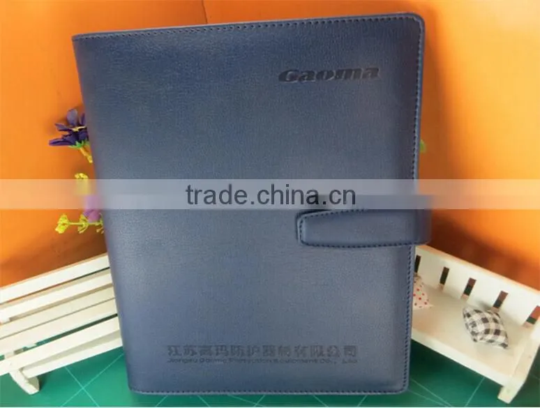 High quality promotional gift blue embossing pull up leather spiral notepad with pockets, pen holder and magnetic closure