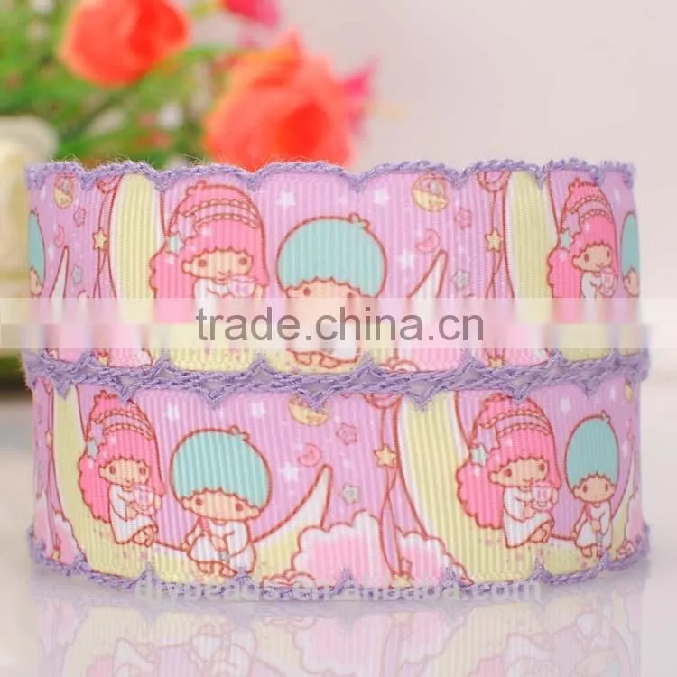 pink color 25mm width cartoon pattern satin ribbon with lacework
