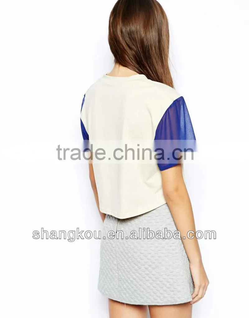 2014 ladies fashion dip back crop t-shirts with sheer sleeve
