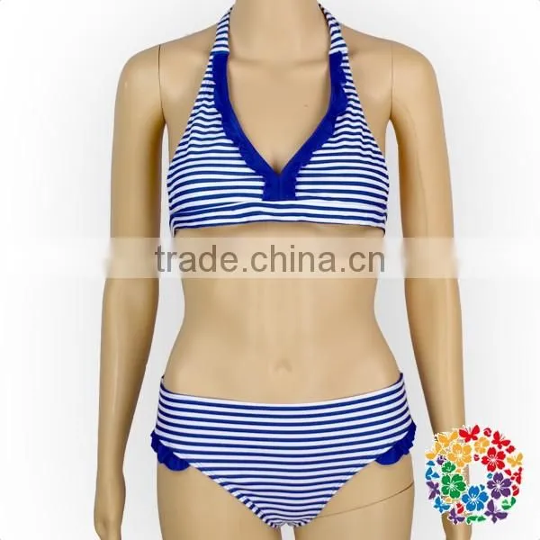 Wholesale Cheap Adult Women Swimsuit Blue White Stripe Bikini Set