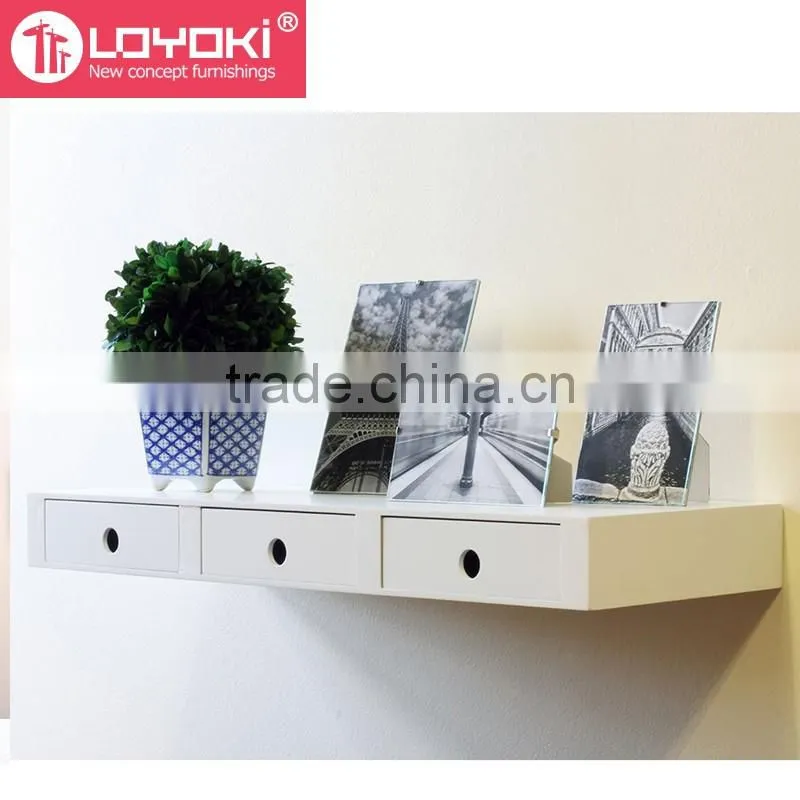 New design MDF wood organizer wall decoration Floating Wall Mounted Multipurpose floating Shelf with 3 Drawers