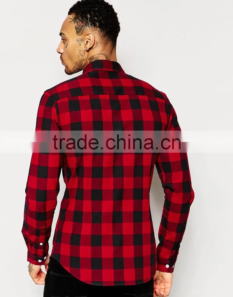 Skinny Shirt in Burgundy Buffalo Check with Long Sleeves