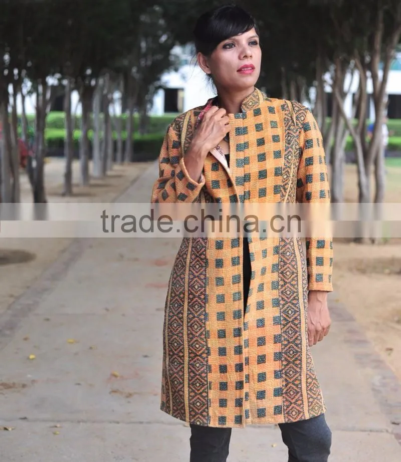 Vintage Kantha Long Jacket in Burnt Orange & Black ~ Medium