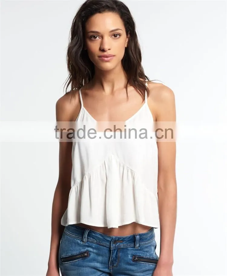 2016 Guangzhou Shandao Brand Name Bulk Wholesale Women Sexy Spaghetti Strap Loose White Chiffon Custom Crop Top
