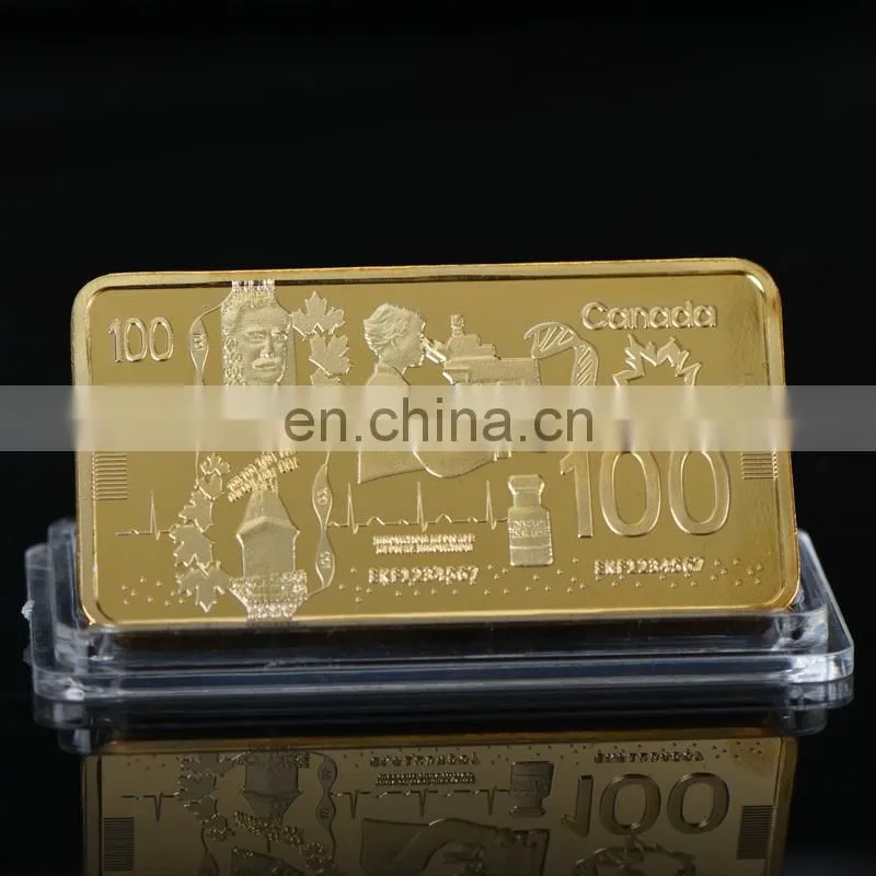 WR 100 Canadian Dollar Quality 24k Gold Plated Bar Metal Crafts with Plastic Case for Home Collection