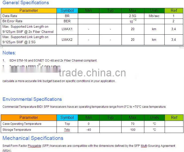 2.5G 1310nm 20Km SFP Transceiver
