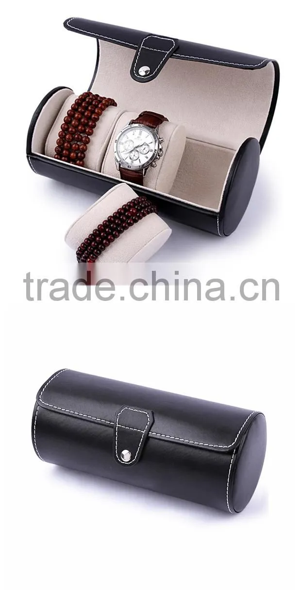 Custom Black Cylinder Leather Zipper Retainer Box For Wrist Watch