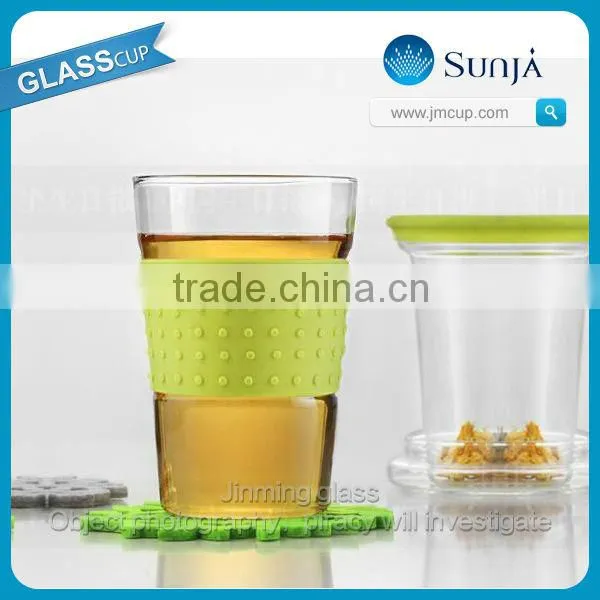 colorful heat preservation double wall glass cup with silicone lid