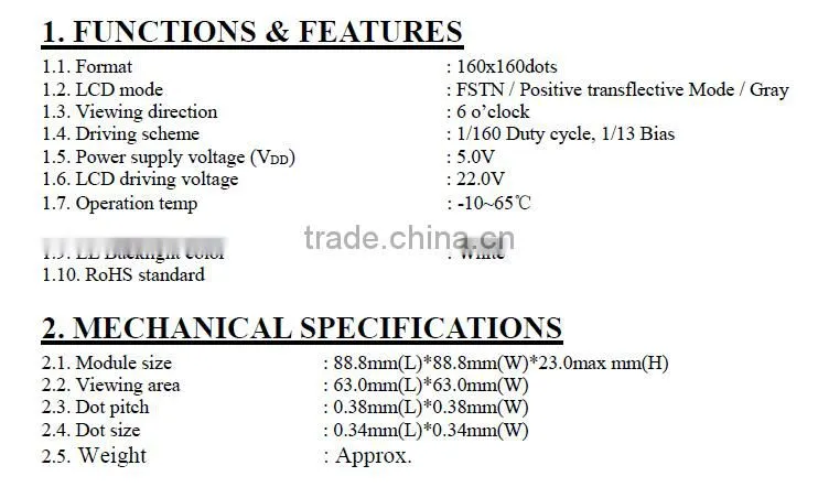 160x160 lcd dot-matrix display FSTN Graphic COG monochrome display