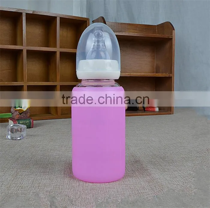 High quality cute baby feeding bottle,food grade BPA free baby feeding bottle,silicone glass milk bottle for baby feeding