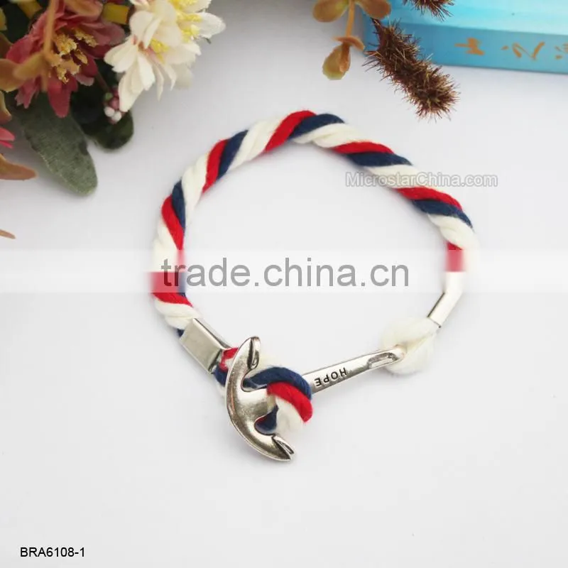 Wholesale Antique Braided Cotton Rope Silver Anchor Charm Bracelet